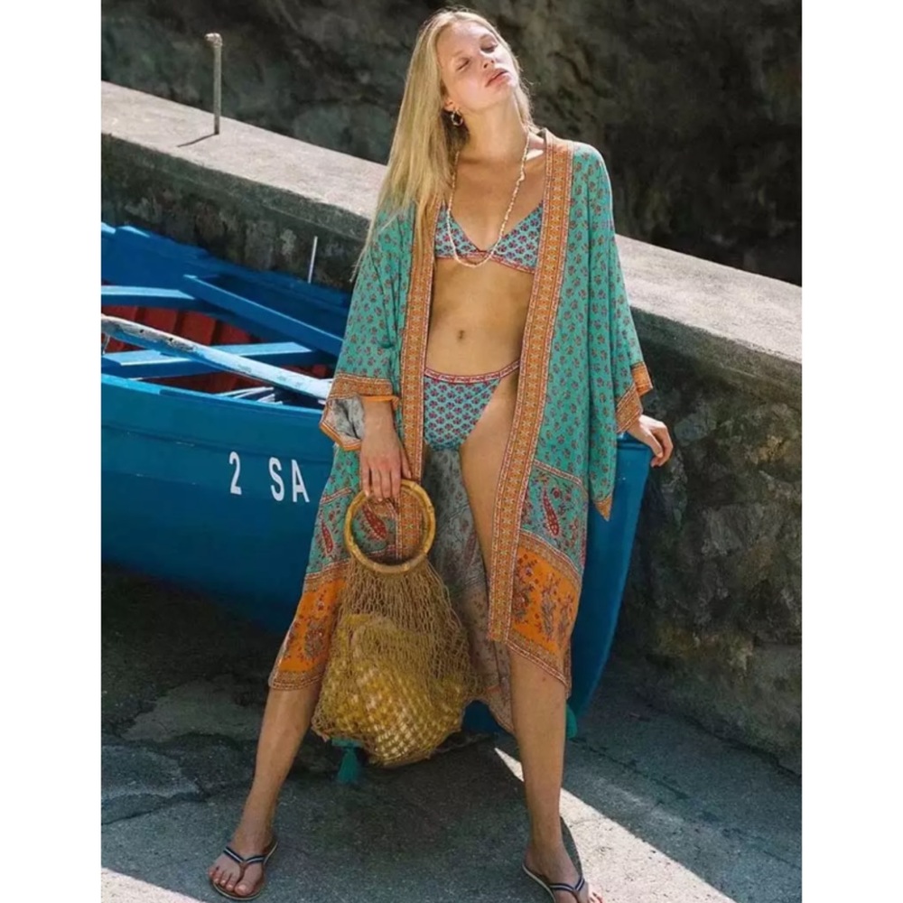 Bohemian Rust & Turquoise Kimono Wrap Coverup - Picture 3 of 7
